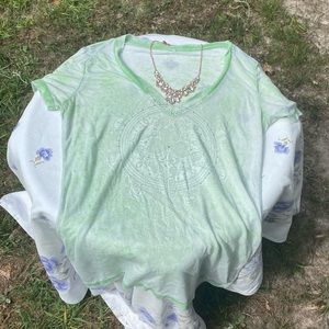 Semi sheer V-neck green Celtic pattern distressed T-shirt